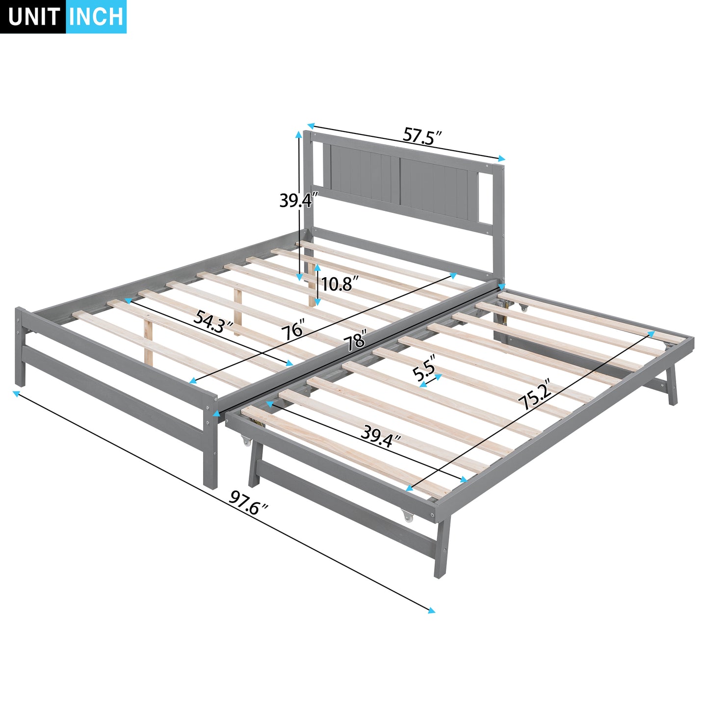 Full Size Platform Bed with Adjustable Trundle,Gray