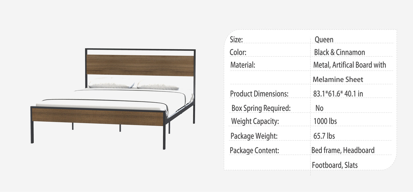Queen Size Metal Platform Bed, Black with Cinnamon Wood Headboard & Footboard