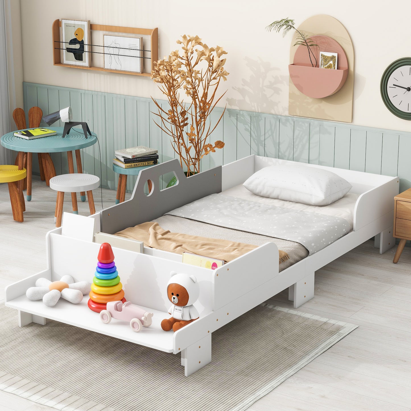 Twin Car-Shaped Platform Bed with Bench, White