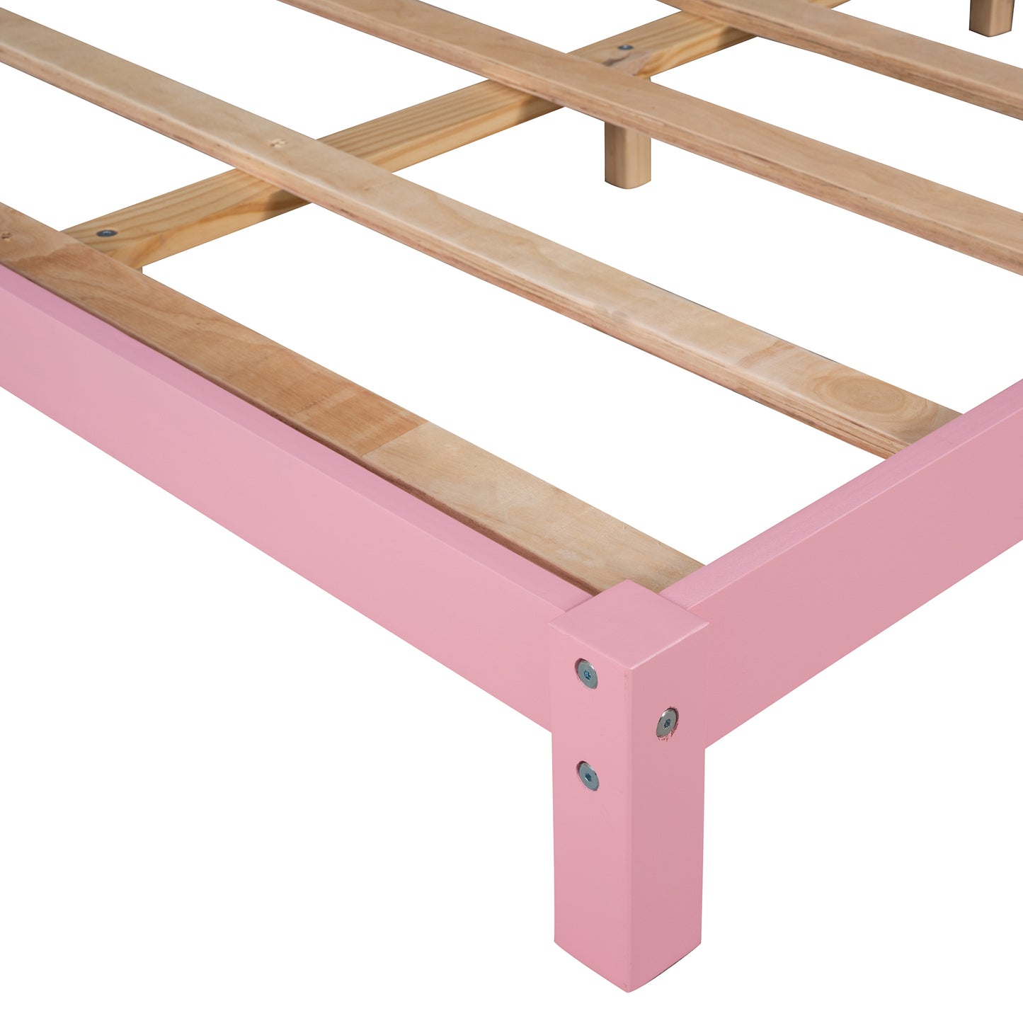 Full Size Wood Platform Bed with House-shaped Headboard  (Pink)