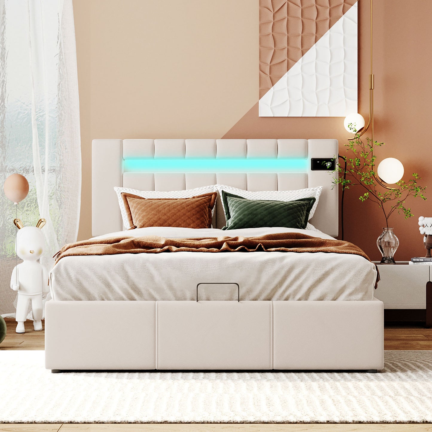 Full Size Upholstered Platform Bed with LED light, Bluetooth Player and USB Charging, Hydraulic Storage Bed in Beige Velvet Fabric