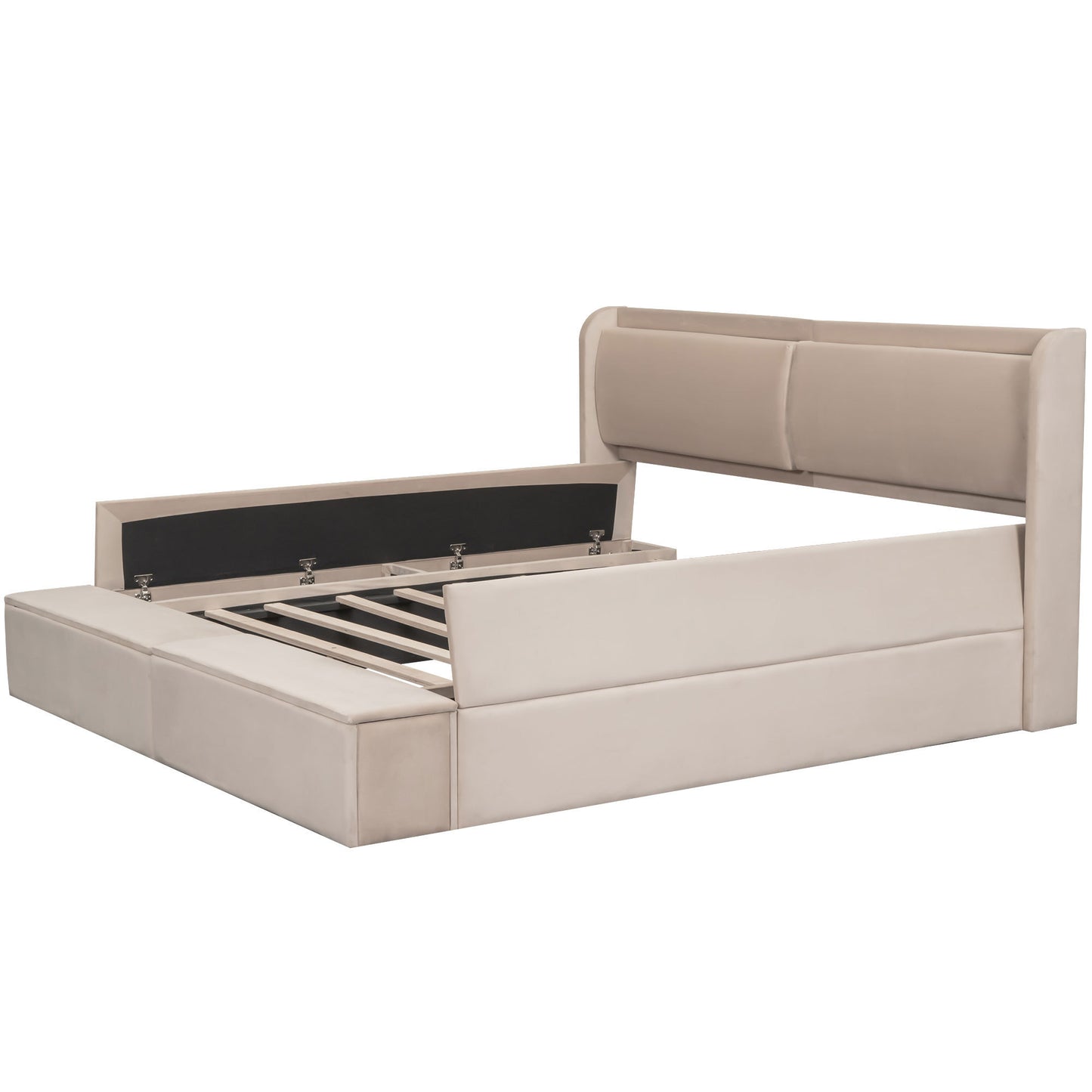 Queen Size Upholstery Storage Platform Bed with Storage Space on both Sides and Footboard, Beige
