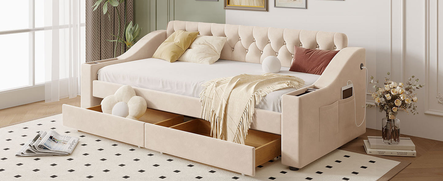 Twin Size Upholstered Daybed with Storage Armrests and USB Port, Beige