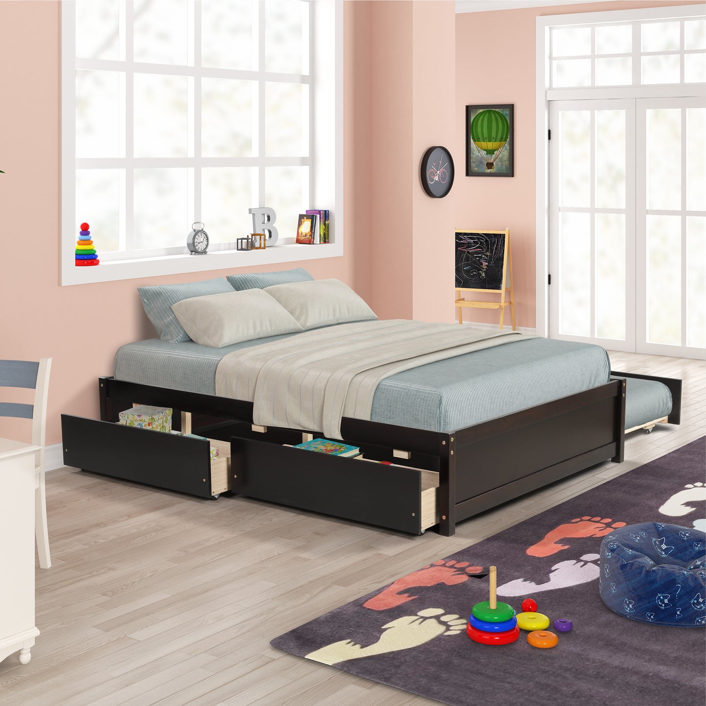 FULL PLATFORM BED WITH TWIN SIZE TRUNDLE AND TWO DRAWERS - ESPRESSO