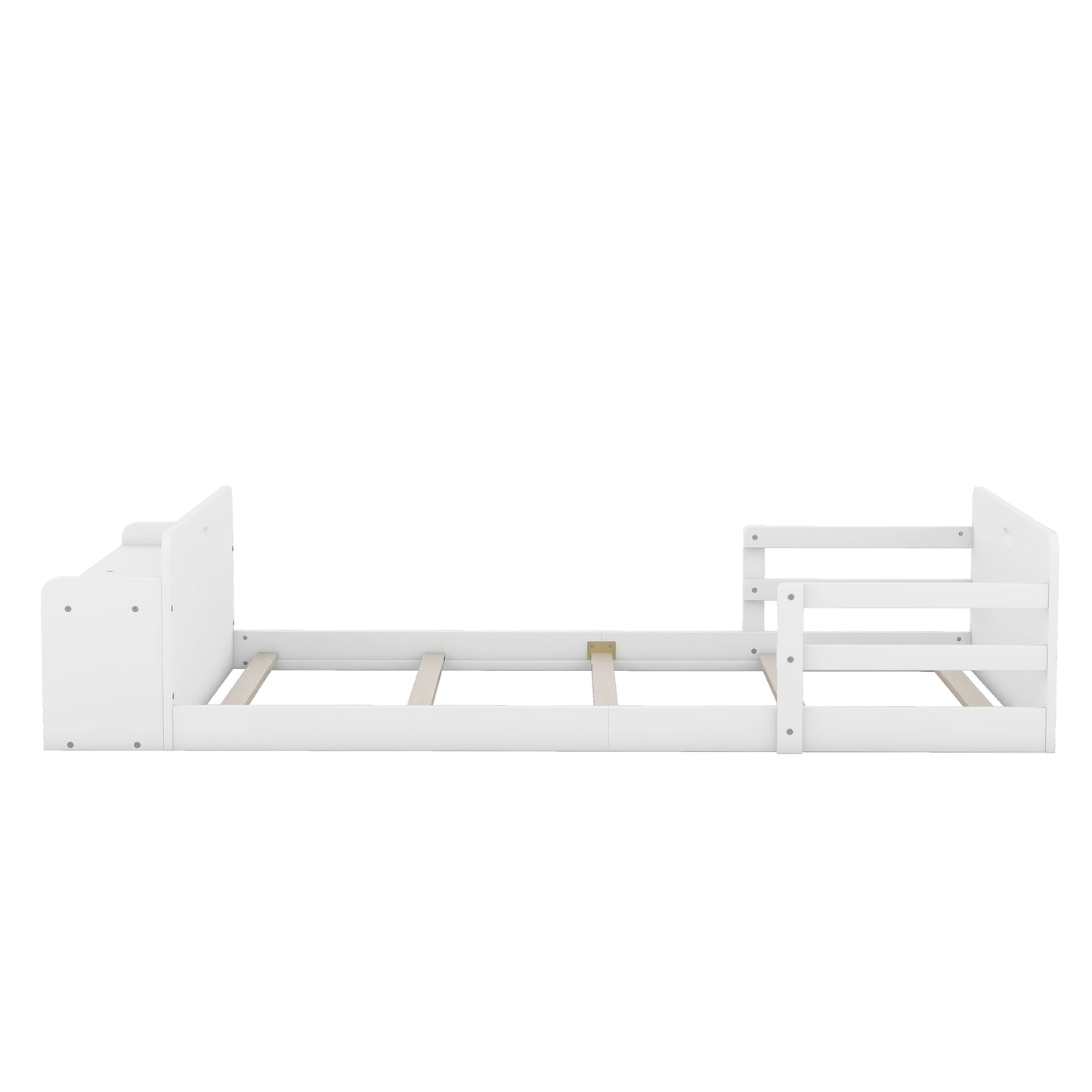 Twin Size Floor Platform Bed with Storage Footboard and Guardrail, White