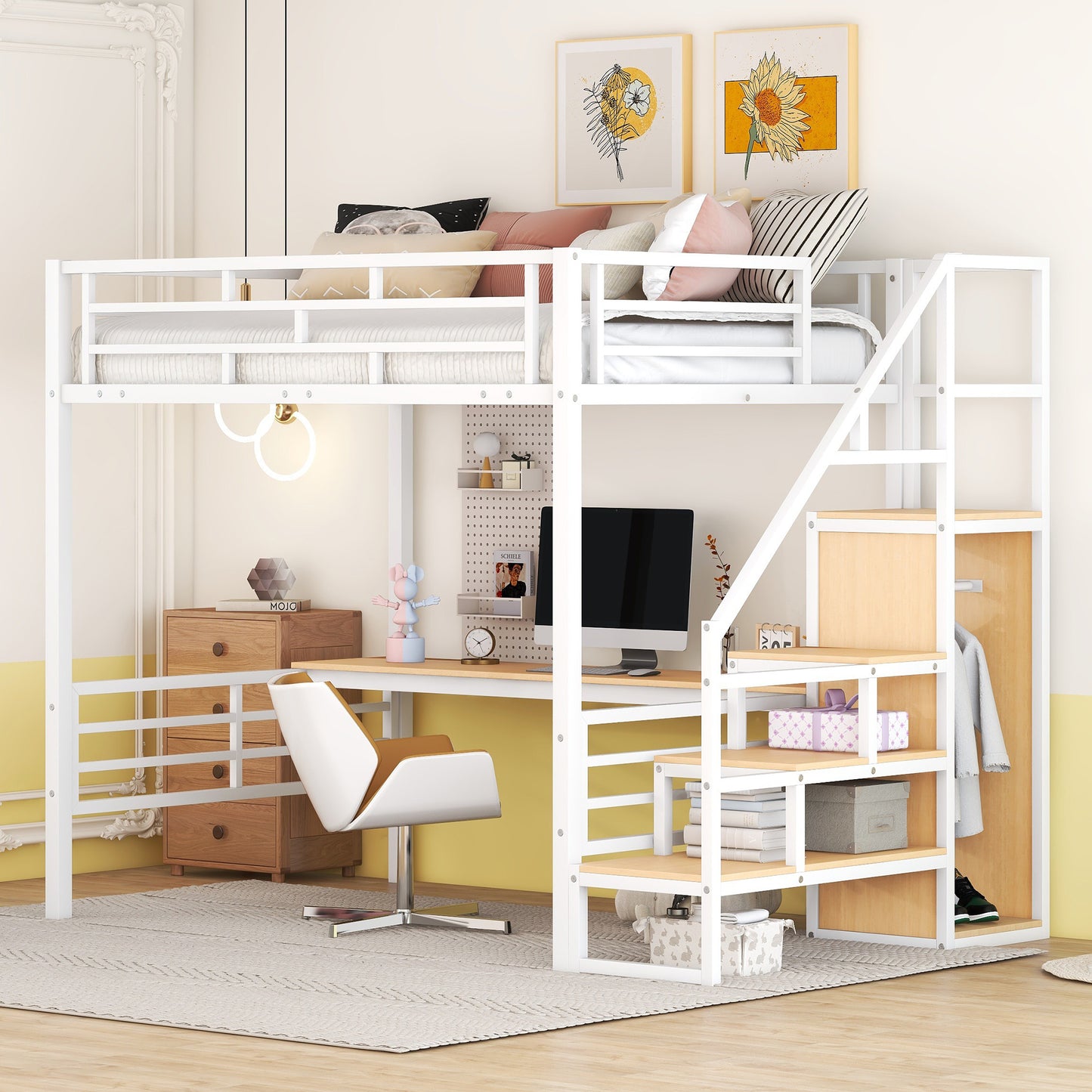 Full Size Metal Loft Bed with Desk, Storage Staircase and Small Wardrobe, Storage stairs can be installed left and right, White
