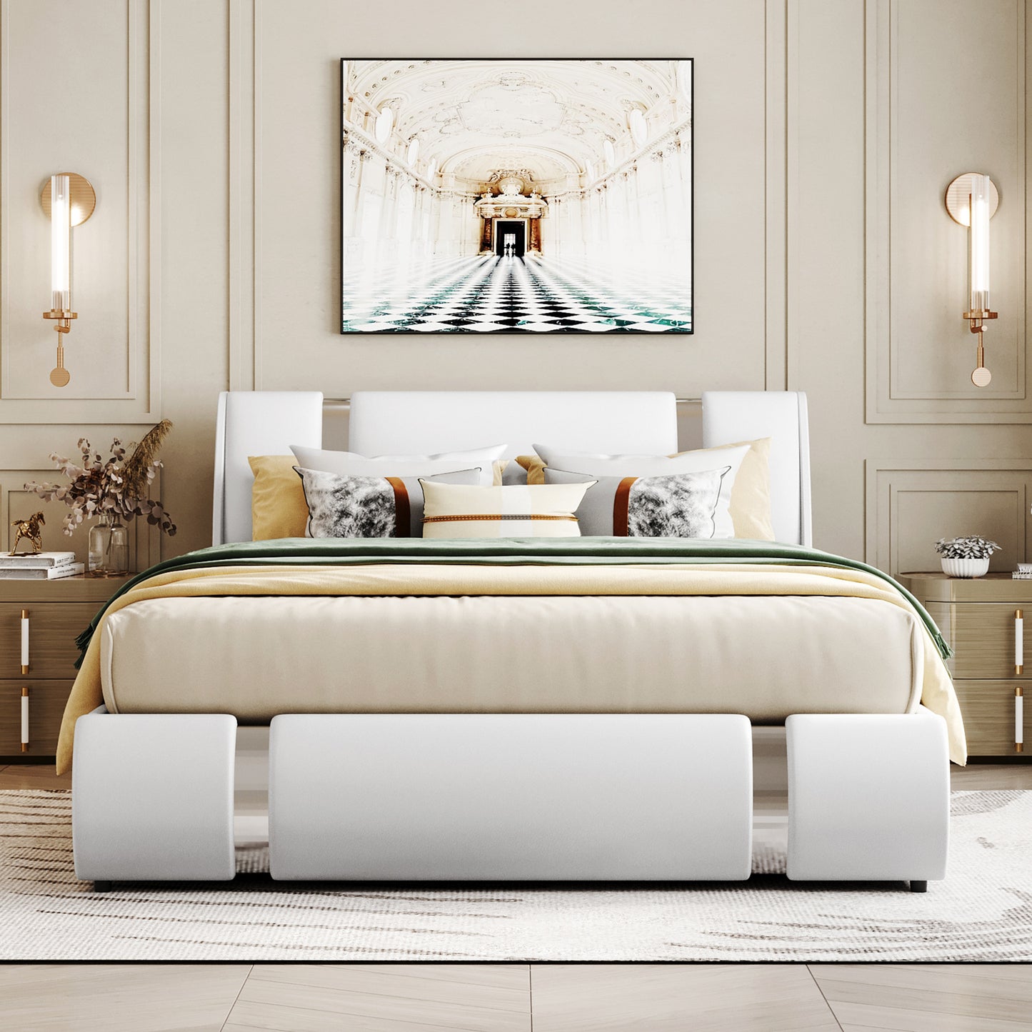 Queen Size Upholstered Faux Leather Platform bed with a Hydraulic Storage System, White