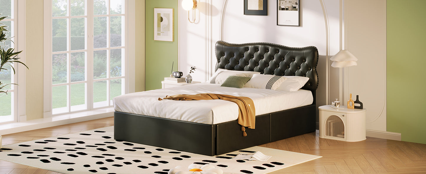 Queen Size Bed Frame with 4 Storage Drawers,Leather Upholstered Platform Heavy Duty Bed,Wood Slat Support,Black