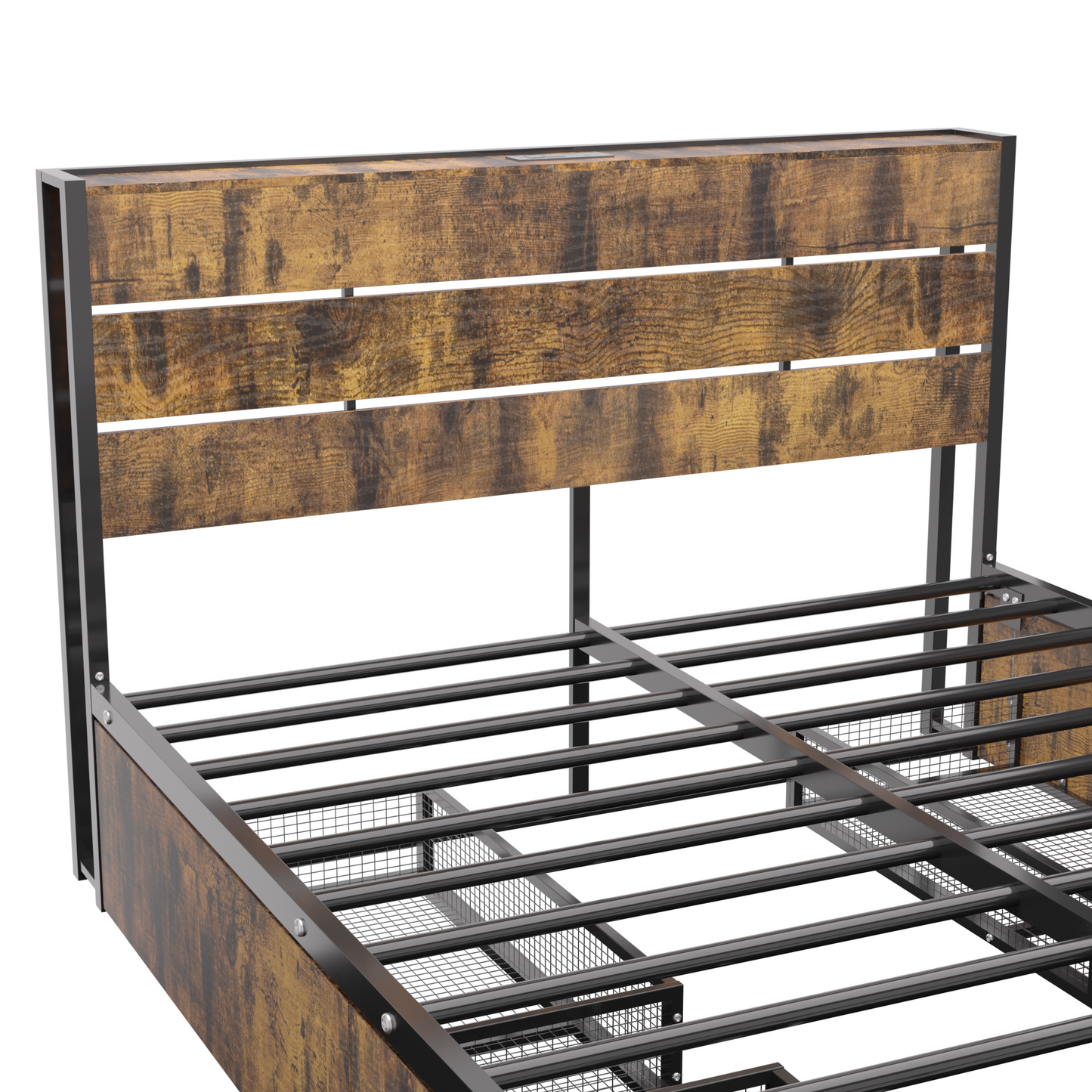 Metal Platform Bed With Four drawers, Sockets and USB Ports, Full, Black