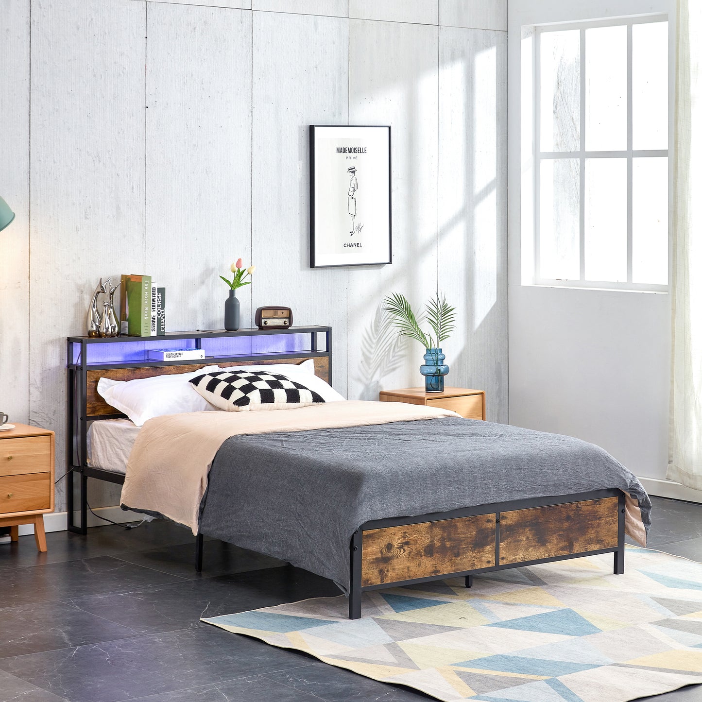 Industrial Queen Platform Bed with Storage Headboard, LED Lights and 2 USB Ports, Rustic Brown
