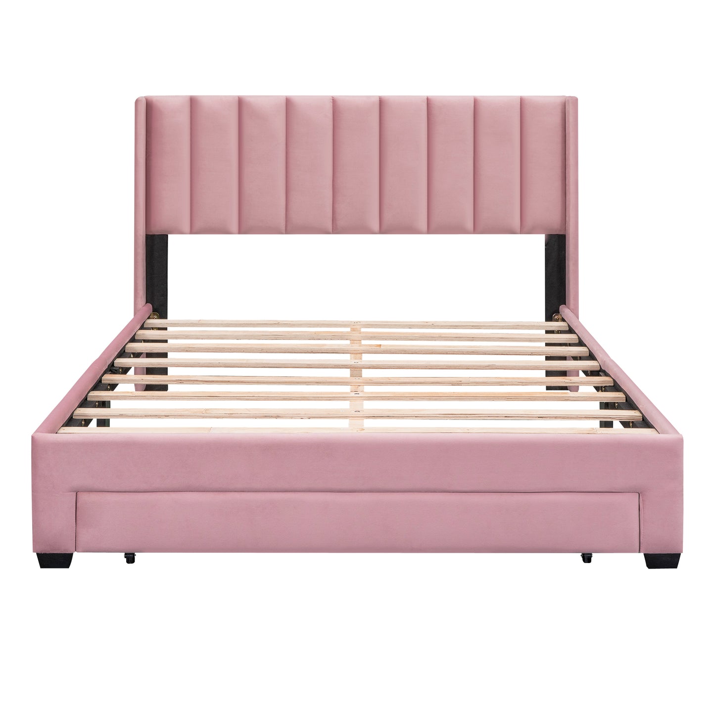 Queen Size Storage Bed Velvet Upholstered Platform Bed with a Big Drawer - Pink