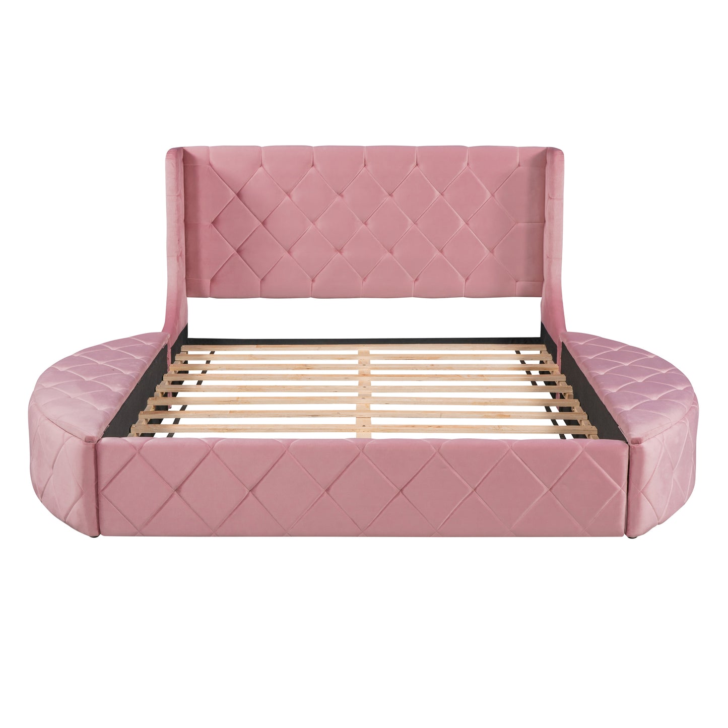 Upholstered Platform Bed Queen Size Storage Velvet Bed with Wingback Headboard and 1 Big Drawer,2 Side Storage Stool(Pink)