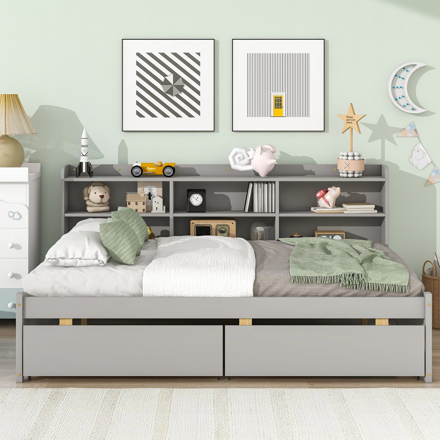 Full Platform Bed with Side Bookcase, Drawers, Grey