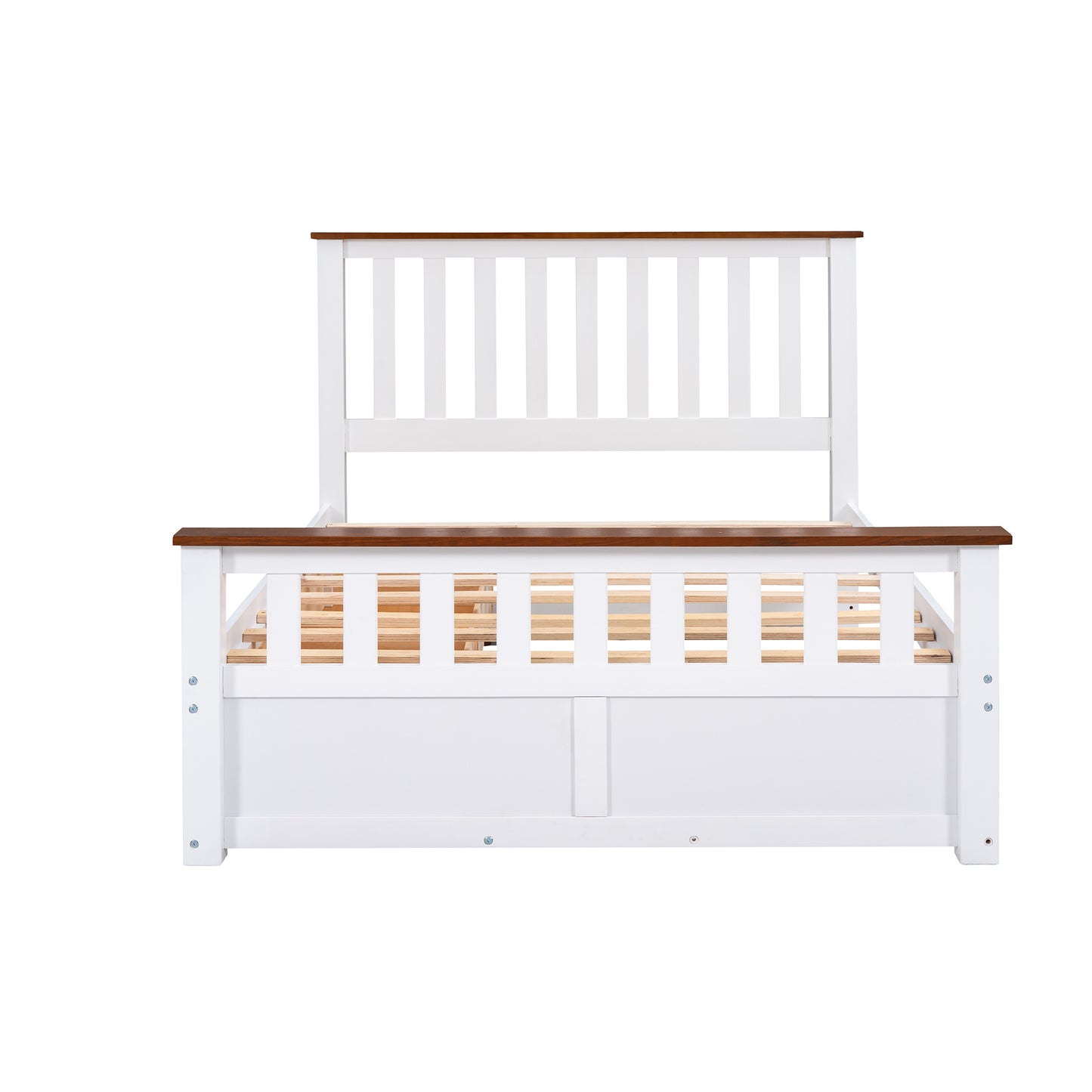 Full Size Wood Platform Bed with Two Drawers and Wooden Slat Support,White+walnut