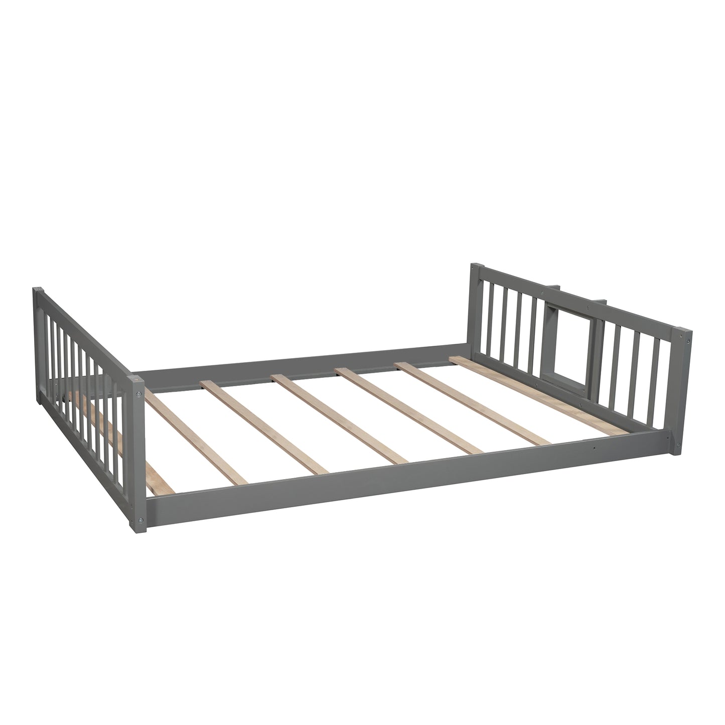 Full-Over-Full-Over-Full Triple Bed with Built-in Ladder and Slide , Triple Bunk Bed with Guardrails, Gray