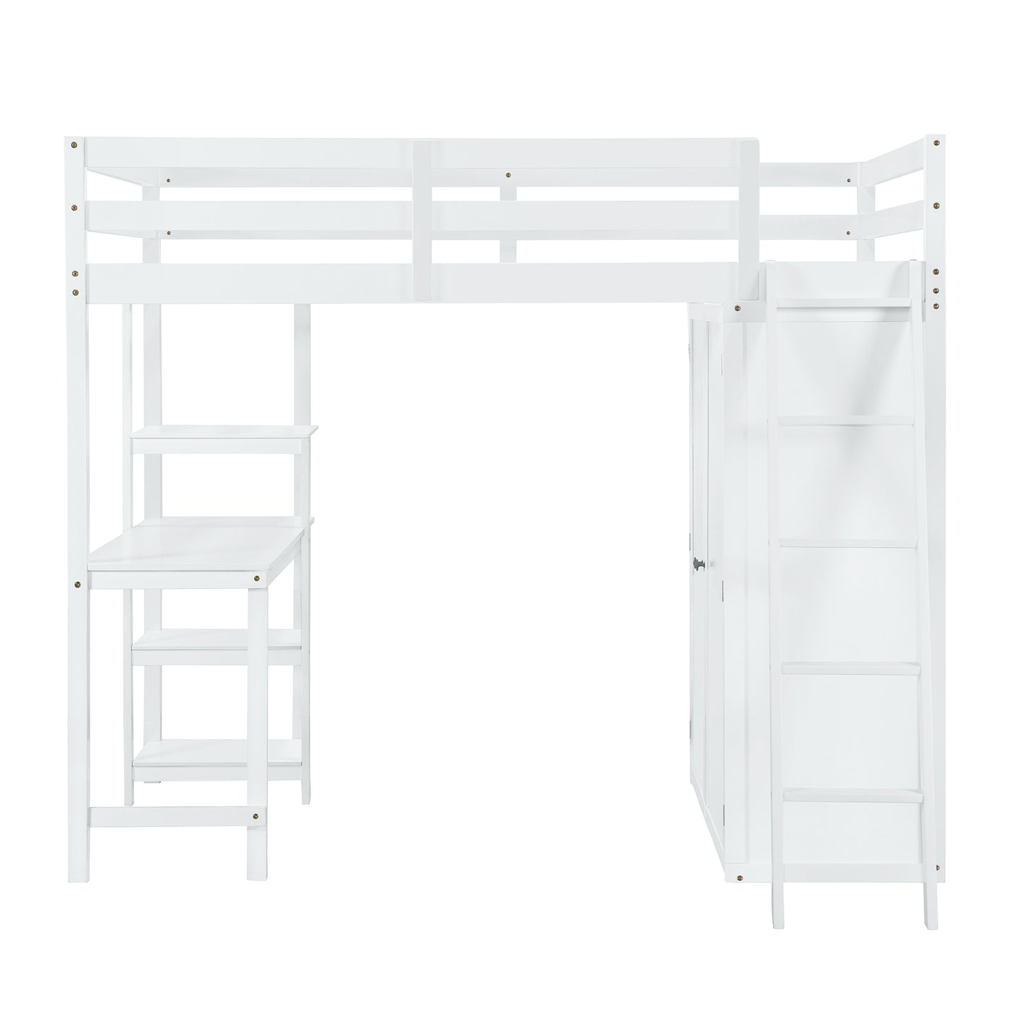 Full Size Loft Bed with Wardrobe and Desk and Shelves, White