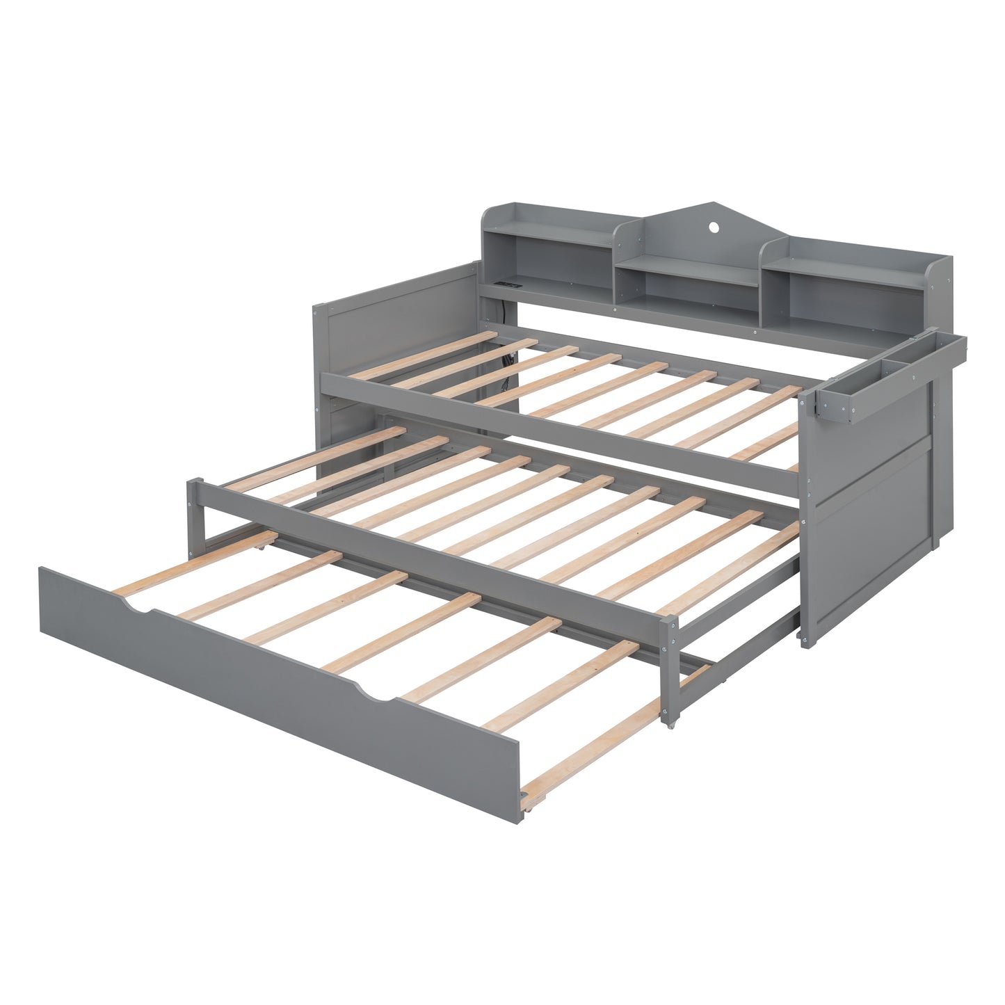 Twin XL Wooden Daybed with 2 Twin Trundles and Storage Shelf, Daybed with USB Charging Ports, No Box-spring Needed, Gray