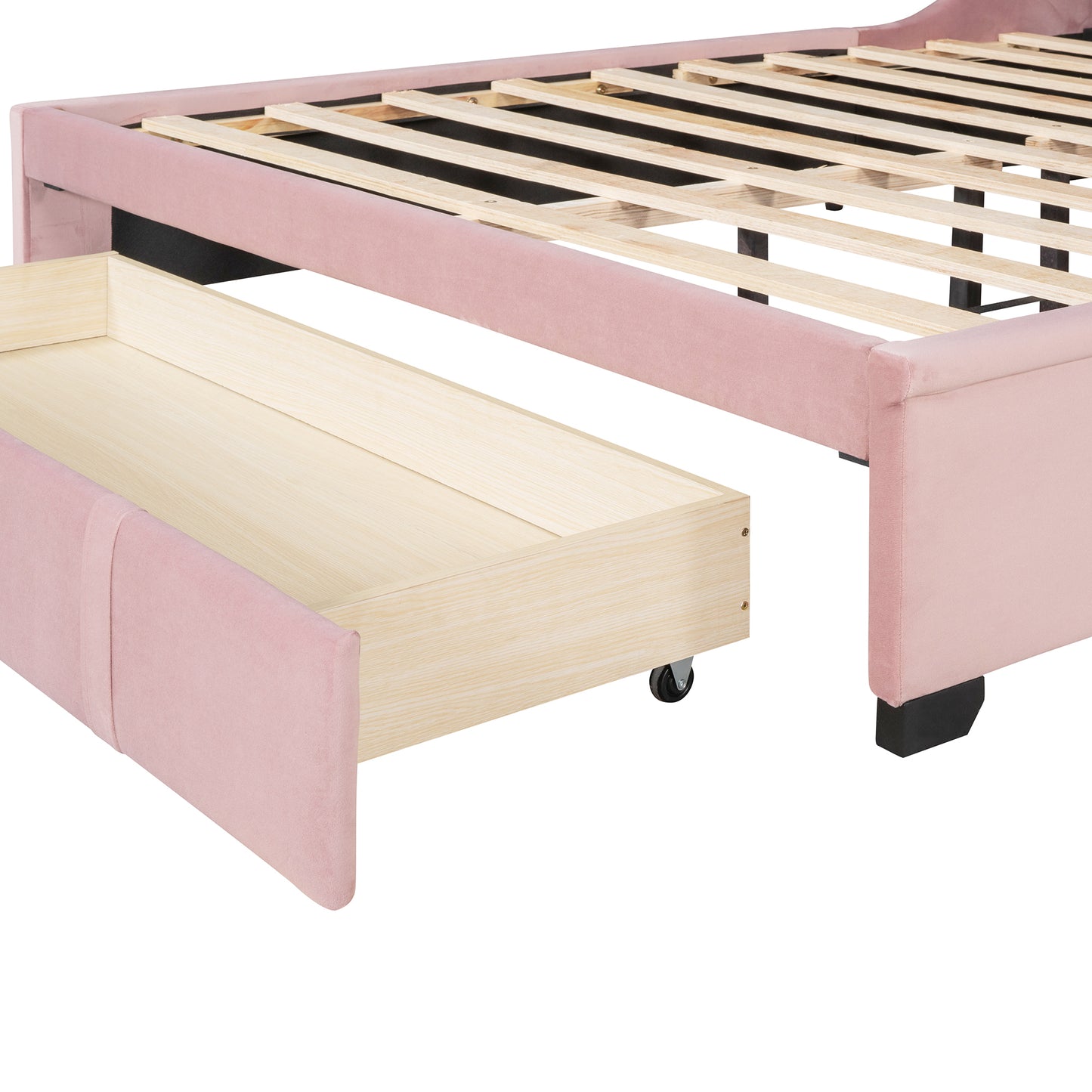 Queen-Size Pink Velvet Upholstered Platform Bed with Wingback Headboard and Single Large Storage Drawer
