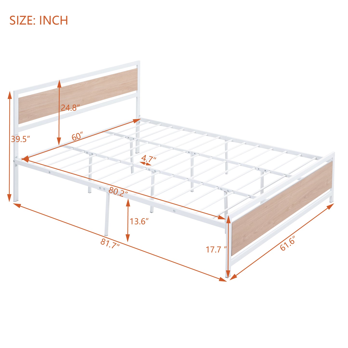 Queen Size Platform Bed, Metal and Wood Bed Frame with Headboard and Footboard , White