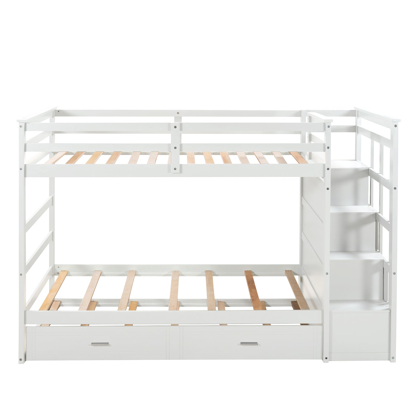 Solid Wood Bunk Bed, Hardwood Twin Over Twin Bunk Bed with Trundle and Staircase, Natural White Finish