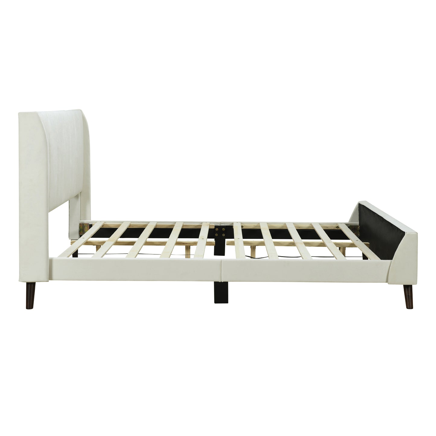 Queen Size Upholstered Platform Bed, Velvet, Beige