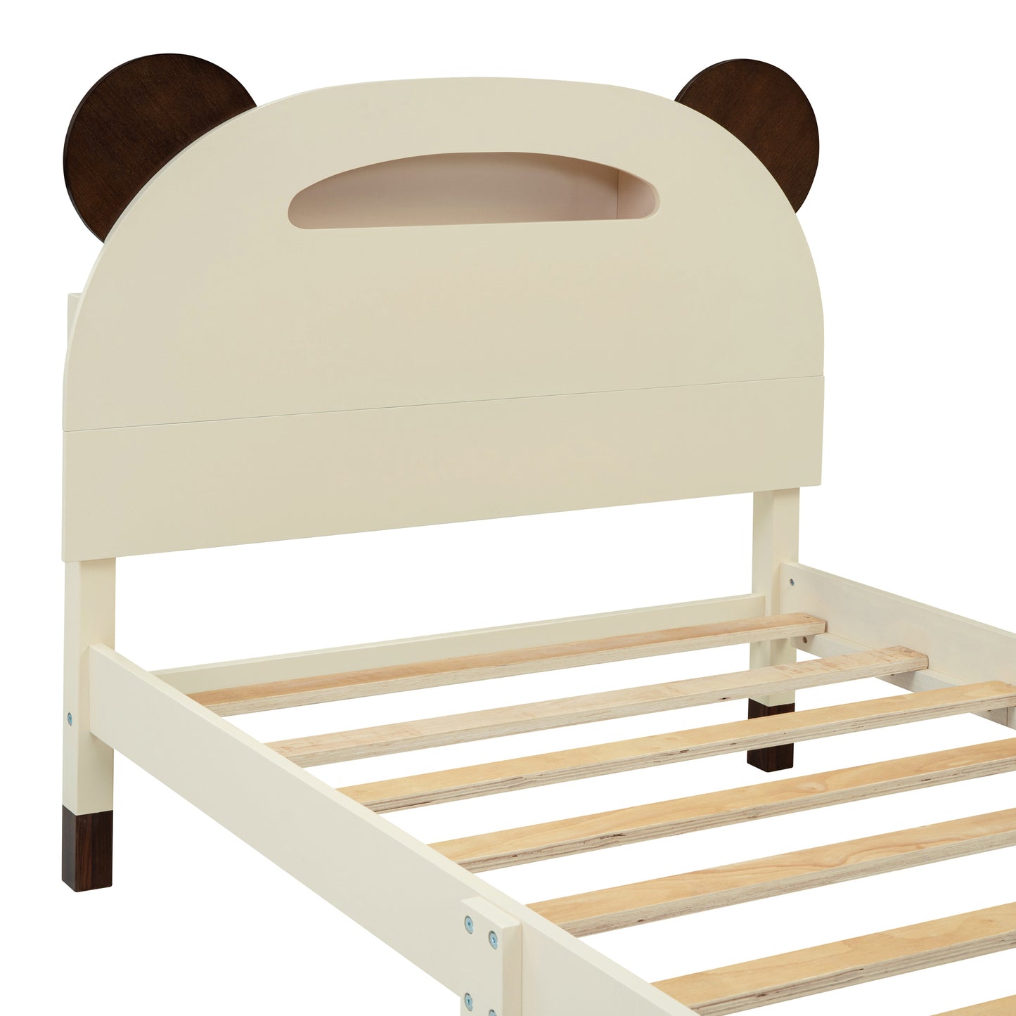 Twin Size Wood Platform Bed with Bear-shaped Headboard,Bed with Motion Activated Night Lights,Cream+Walnut