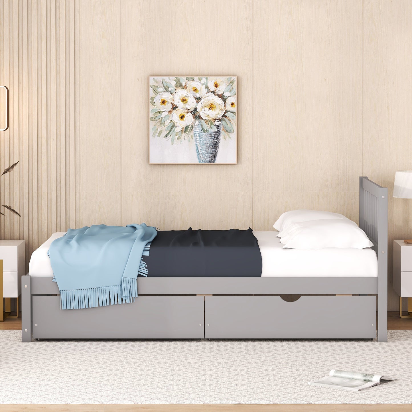 Modern Design Wooden Twin Size Platform Bed with 2 Drawers for Grey Color