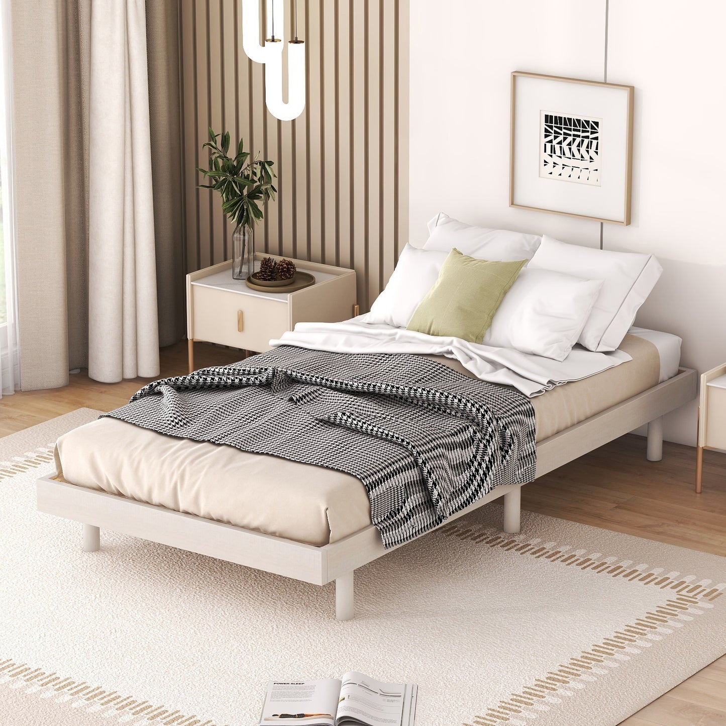 Modern Design Twin Size Floating Platform Bed Frame for White Washed Color