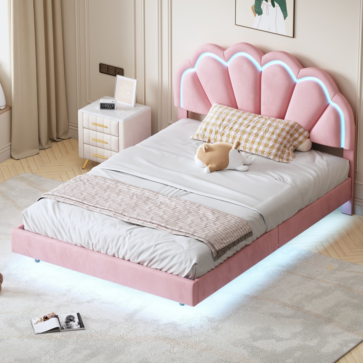 Full Upholstered Smart LED Bed Frame with Elegant Flowers Headboard,Floating Velvet Platform LED Bed with Wooden Slats Support,Pink