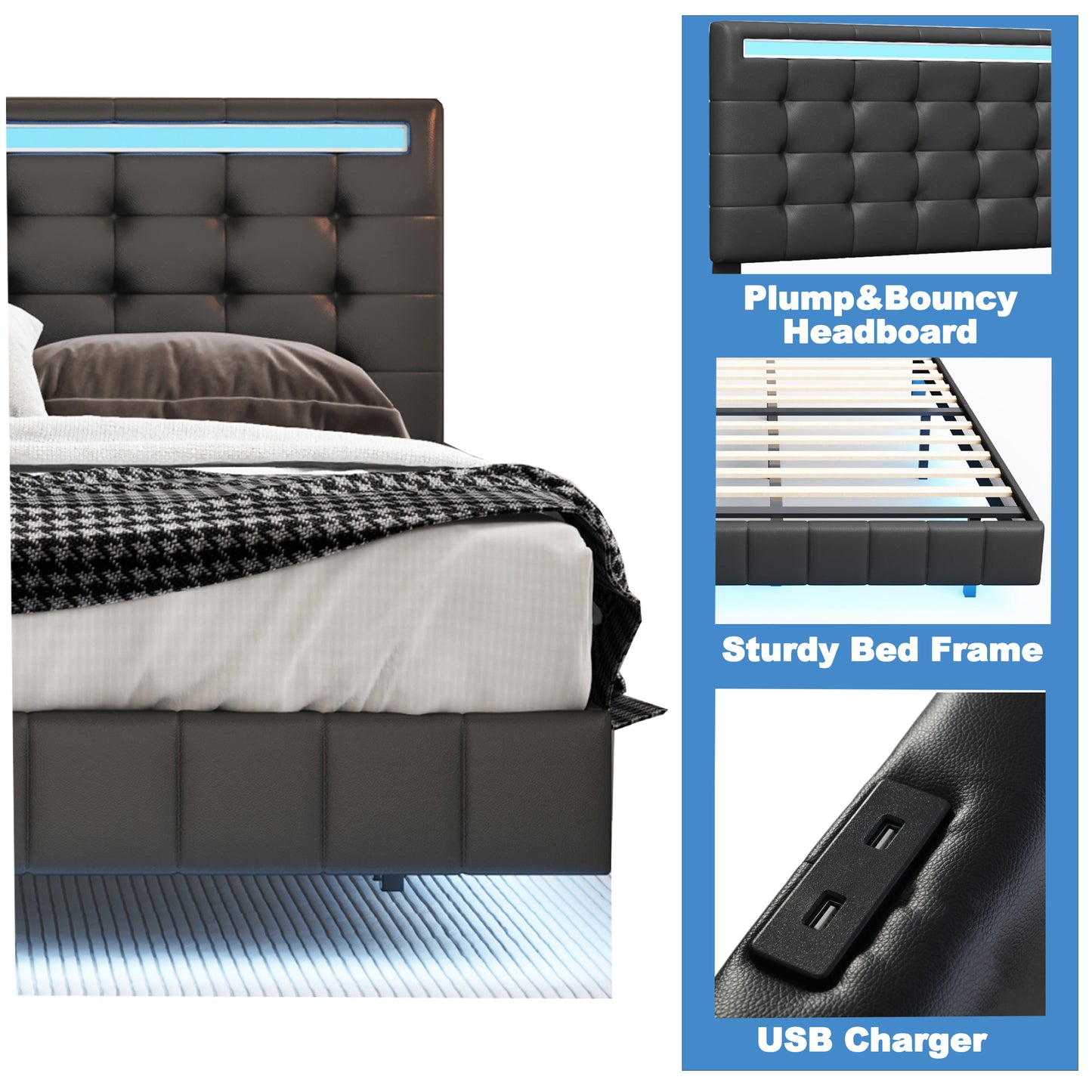 Queen Size Floating Bed Frame with LED Lights and USB Charging,Modern Upholstered Platform LED Bed Frame,Black