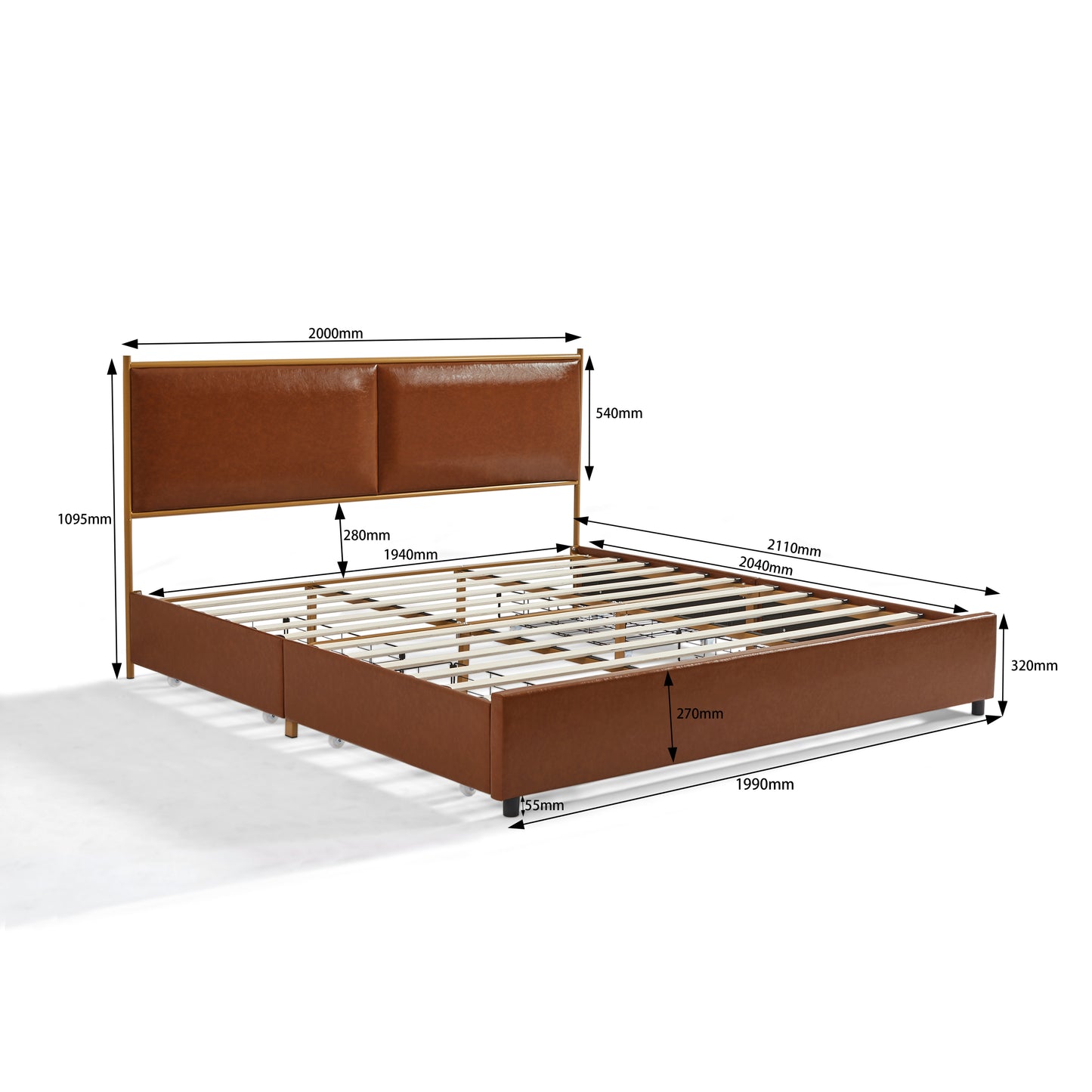 King Size Upholstered Platform bed with 4 Storage Drawers, Classic Steamed Bread Shaped Backrest, Coffee