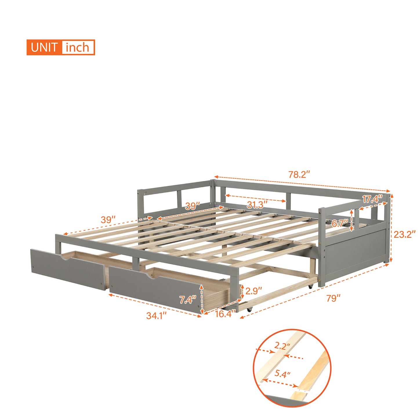 Wooden Daybed with Trundle Bed and Two Storage Drawers , Extendable Bed Daybed,Sofa Bed for Bedroom Living Room, Gray