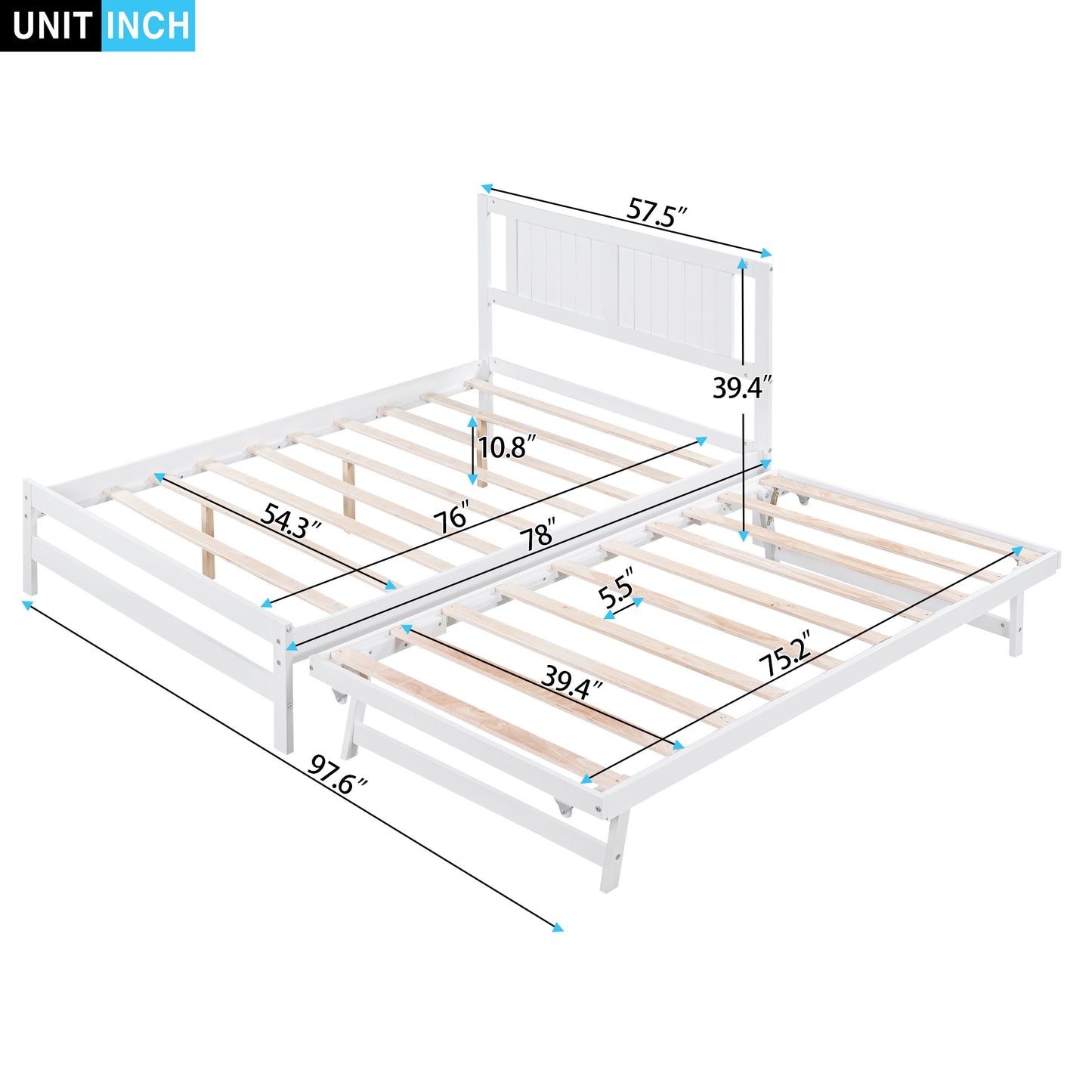 Full Size Platform Bed with Adjustable Trundle,White