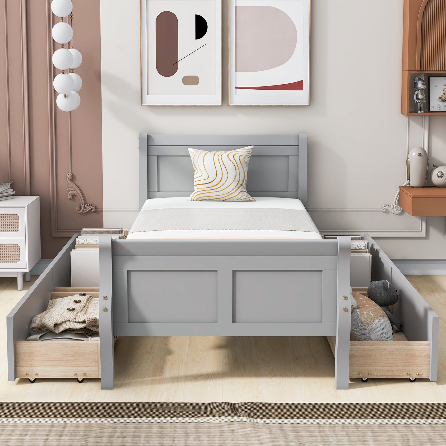 Twin Size Wood Platform Bed with 4 Drawers and Streamlined Headboard & Footboard, Gray