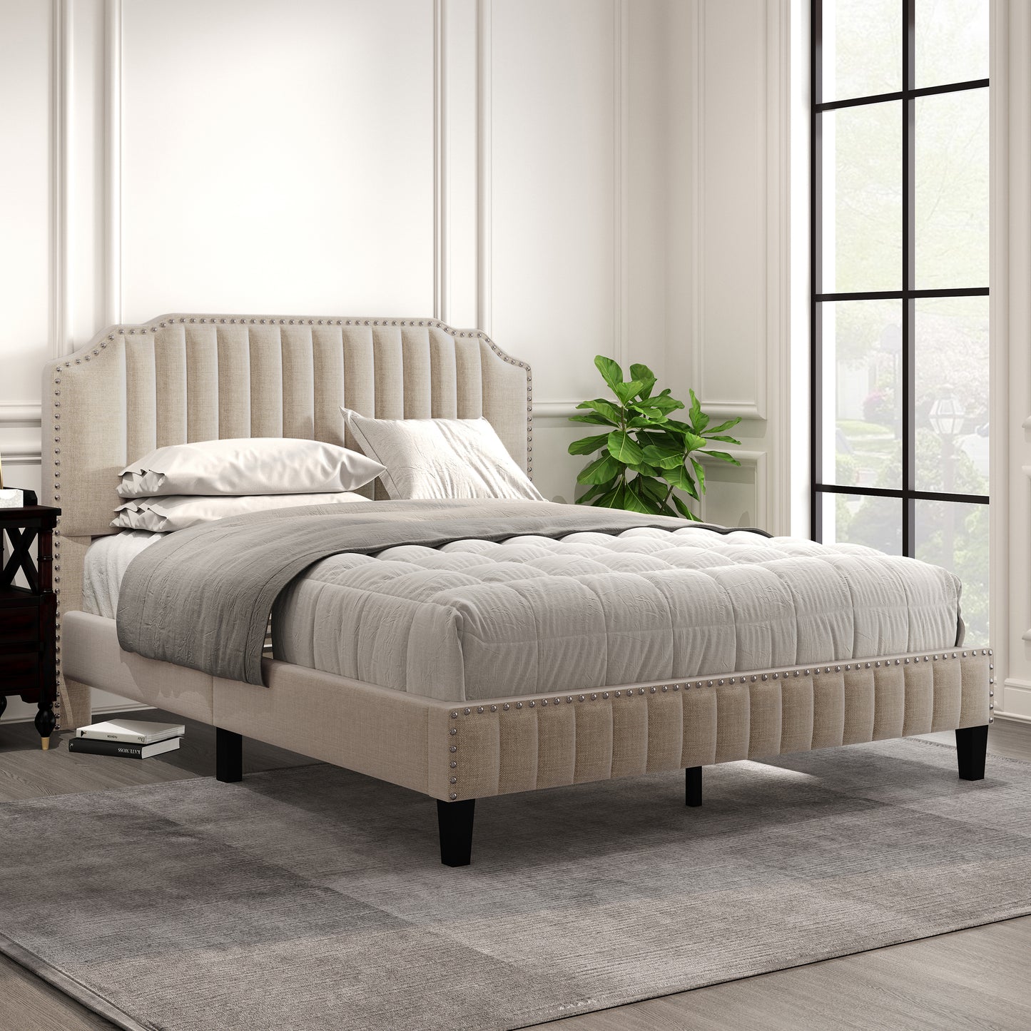 Modern Linen Curved Upholstered Platform Bed , Solid Wood Frame , Nailhead Trim, Beige (Queen)