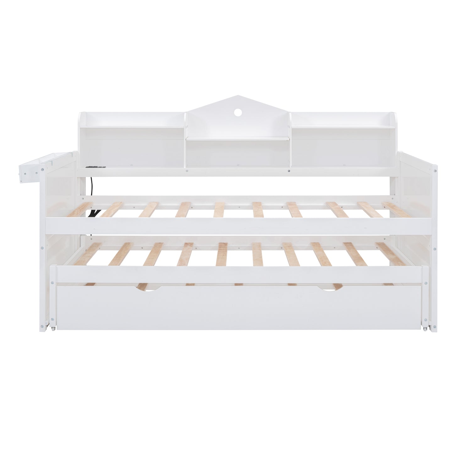 Twin XL Wooden Daybed with 2 Twin Trundles and Storage Shelf, Daybed with USB Charging Ports, No Box-spring Needed, White