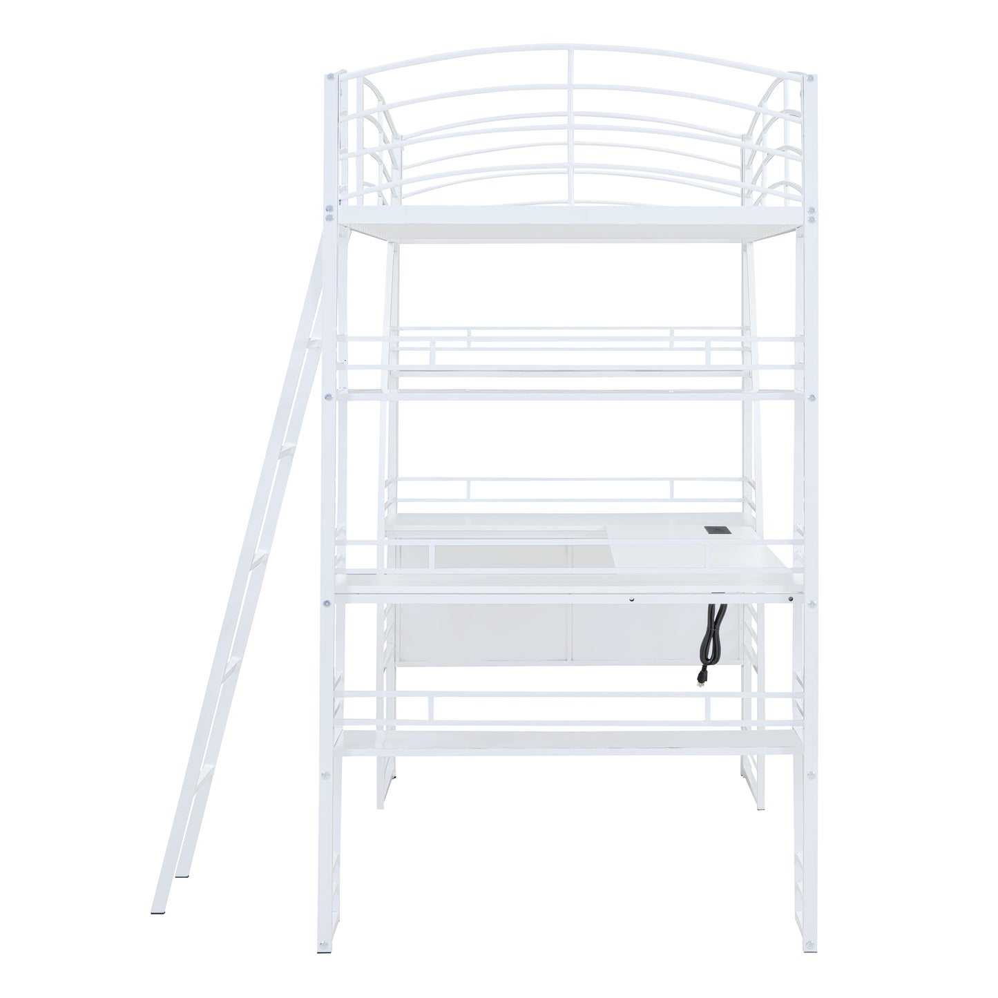 Twin Size Loft Bed with 4 Layers of Shelves and L-shaped Desk, Stylish Metal Frame Bed with a set of Sockets, USB Ports and and Wireless Charging, White