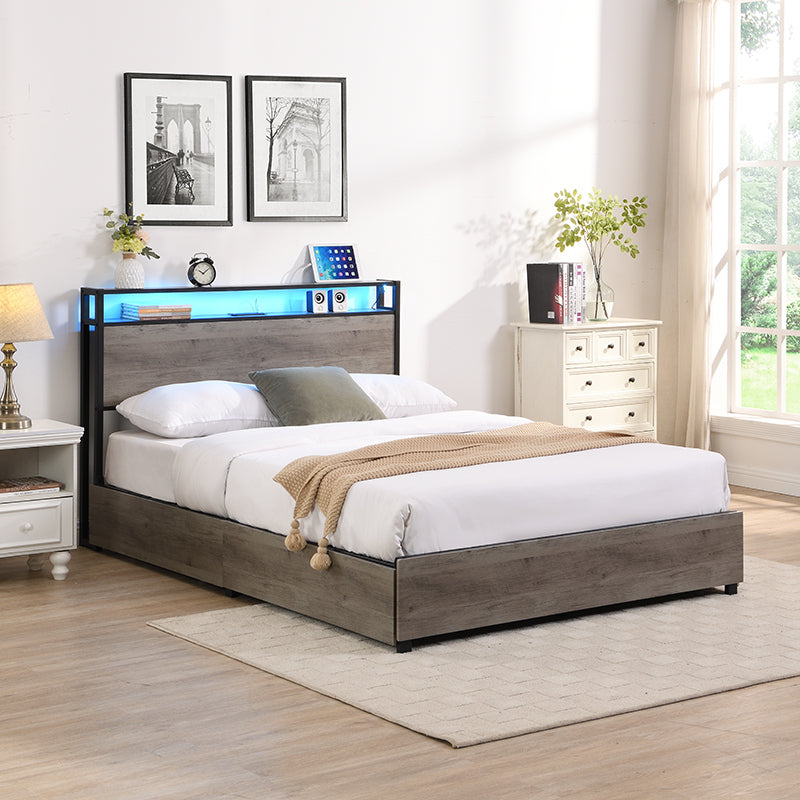 Queen Platform Bed Frame, Storage Headboard with Charging Station, Solid and Stable, Noise Free, No Box Spring Needed, Easy Assembly