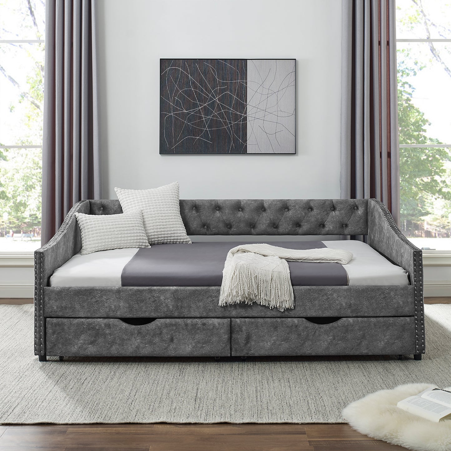 Full Size Daybed with Drawers Upholstered Tufted Sofa Bed, with Button on Back and Copper Nail on Waved Shape Arms, Grey (80.5''x55.5''x27.5'')