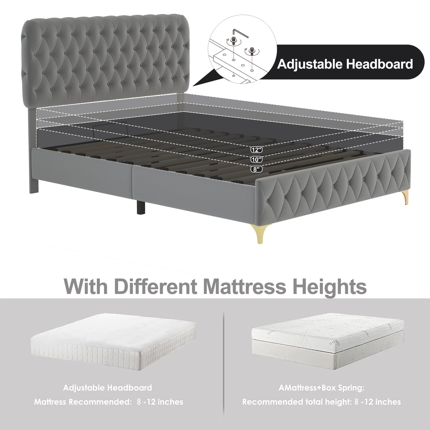 Full Platform Bed Frame With pneumatic hydraulic function, Velvet Upholstered Bed with Deep Tufted Buttons, Lift up storage bed With Hidden Underbed Oversized Storage,  Gray