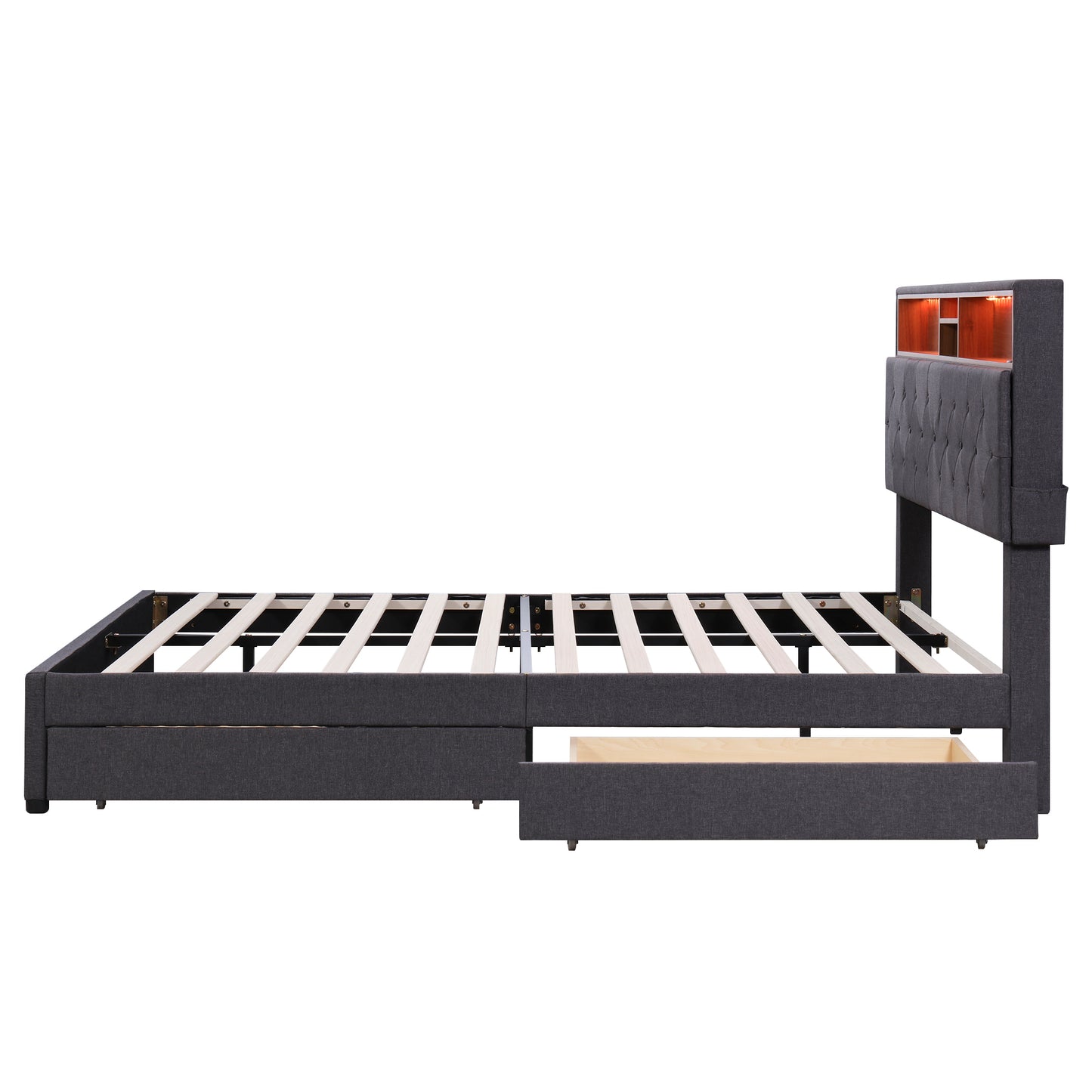 Queen Size Upholstered Platform Bed with Storage Headboard, LED, USB Charging and 2 Drawers, Dark Gray