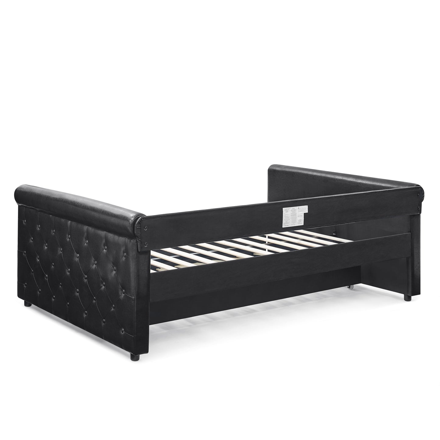 Daybed with Trundle Upholstered Tufted Sofa Bed, with Button and Copper Nail on Arms,Full Daybed & Twin Trundle, PU Black(85.5"x57"x30.5")
