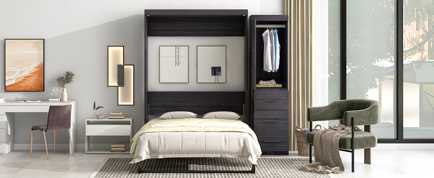 Full Size Murphy Bed with Wardrobe and Drawers, Storage Bed, can be Folded into a Cabinet, Gray