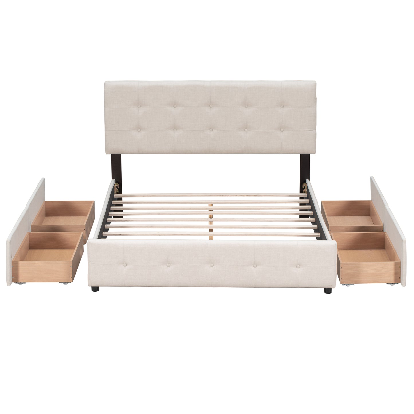 Queen-Size Beige Upholstered Platform Bed with 4 Side Drawers and Button-Tufted Headboard