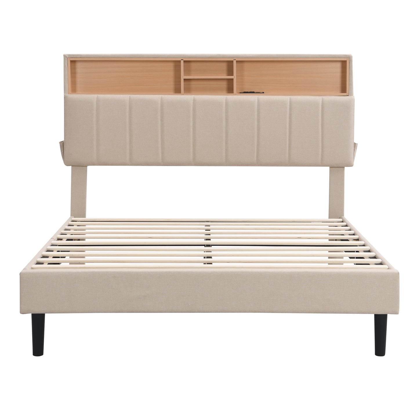 Full size Upholstered Platform Bed with Storage Headboard and USB Port,  Linen Fabric Upholstered Bed (Beige)