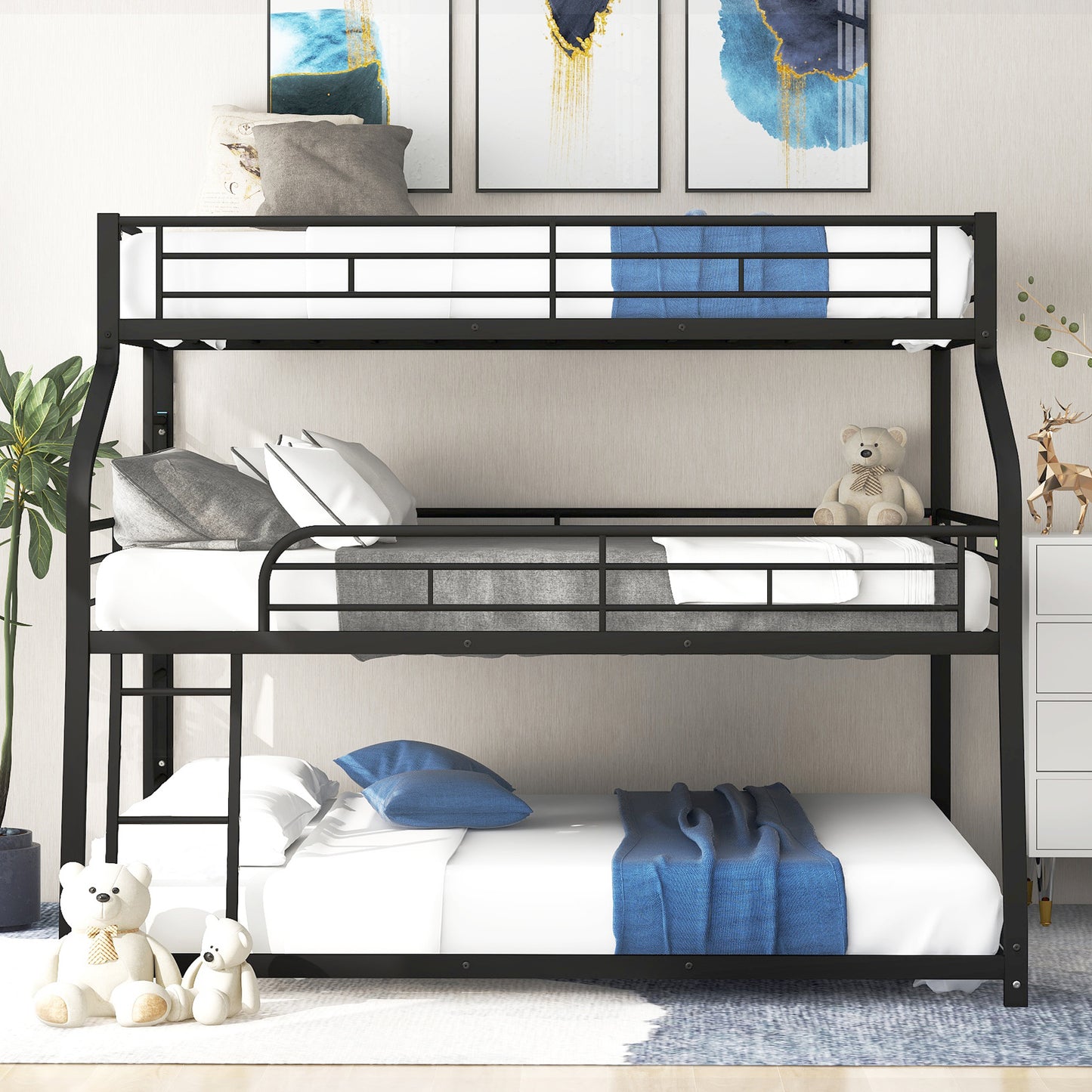 Twin XL/Full XL/Queen Triple Bunk Bed with Long and Short Ladder and Full-Length Guardrails,Black