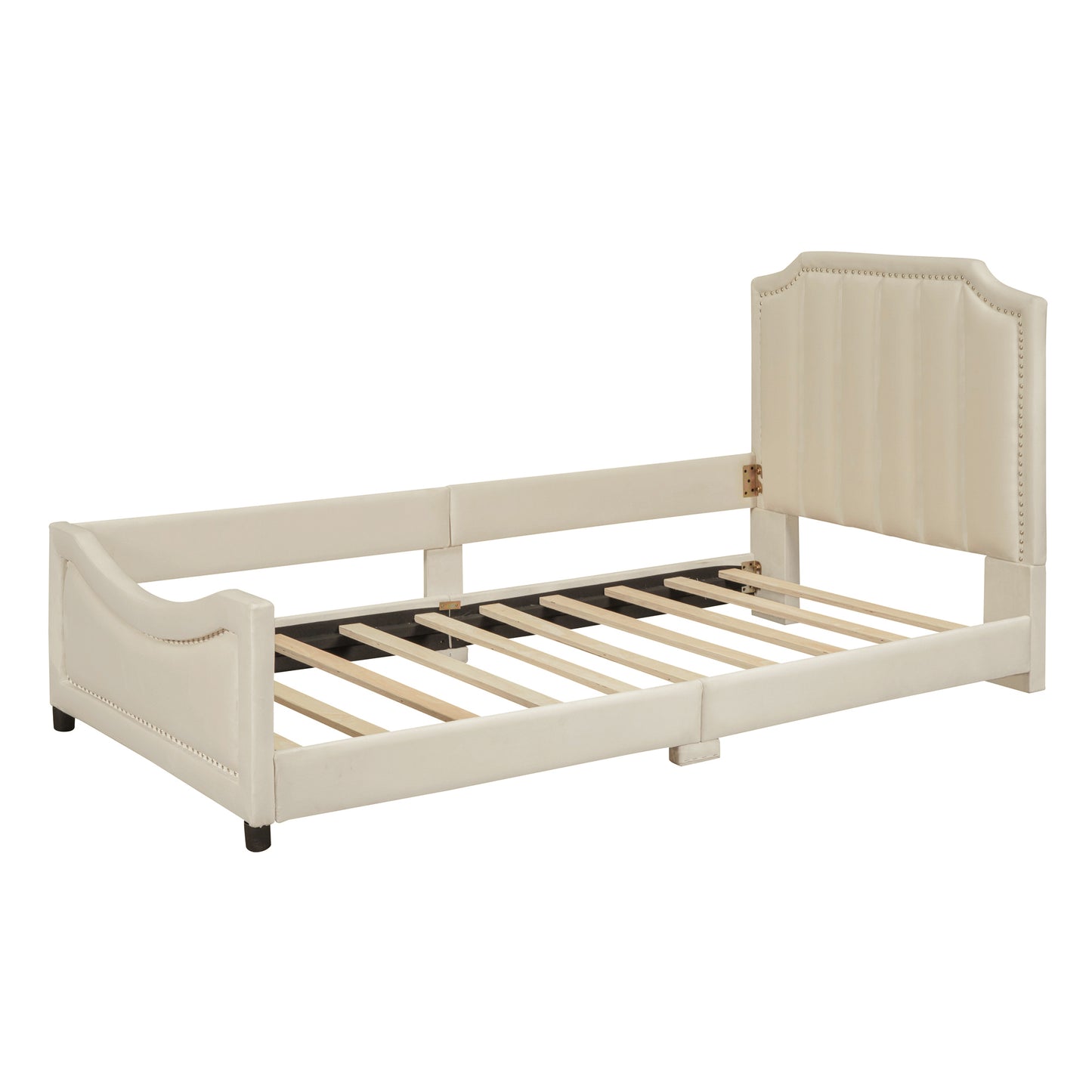 Twin Size Upholstered Daybed with Classic Stripe Shaped  Headboard, Beige