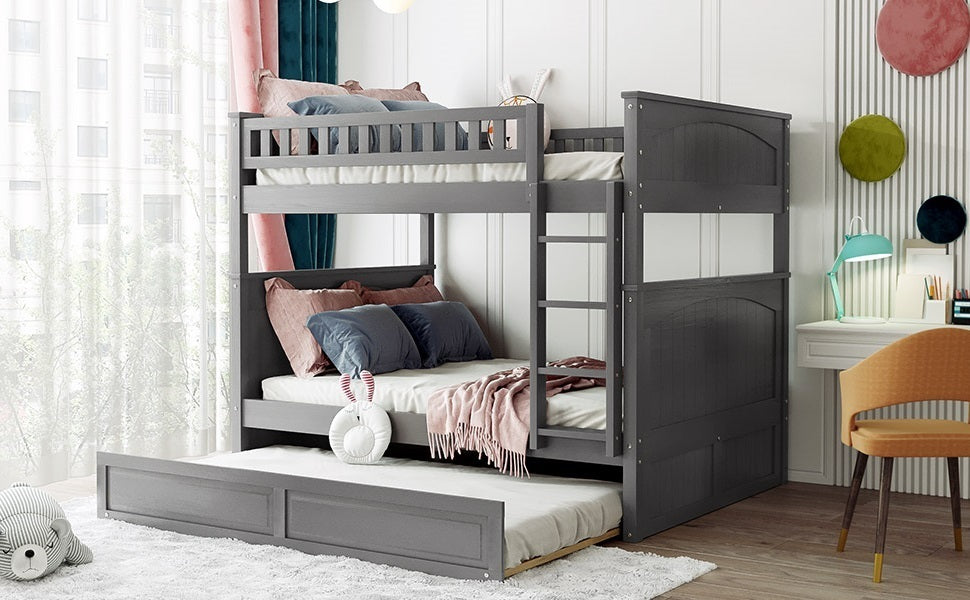Full Over Full Bunk Bed with Twin Size Trundle, Pine Wood Bunk Bed with Guardrails, Brushed Gray