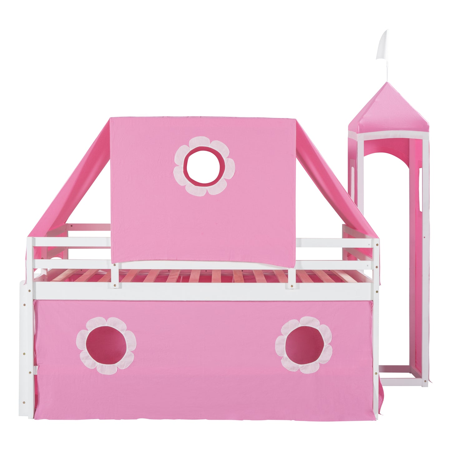 Full Size Bunk Bed with Slide Pink Tent and Tower - Pink