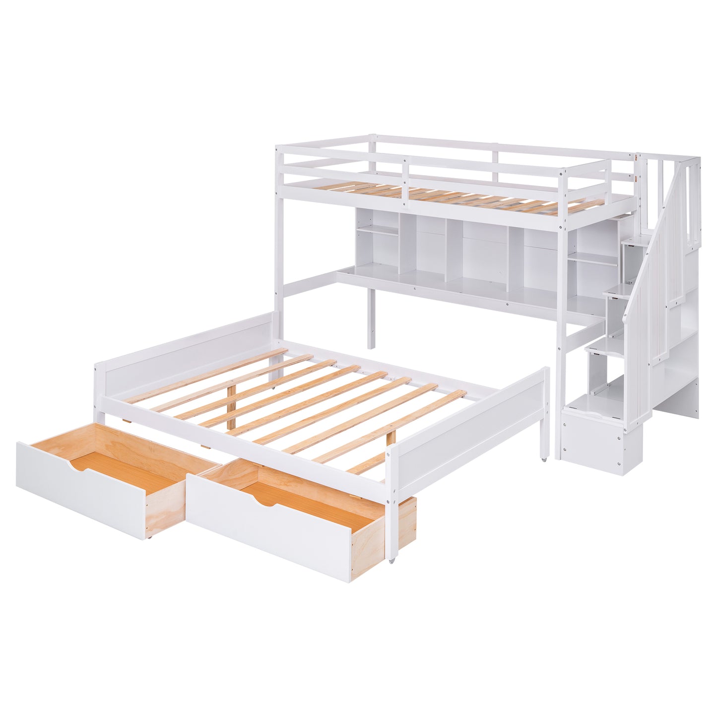 Twin XL over Full Bunk Bed with Built-in Storage Shelves, Drawers and Staircase,White